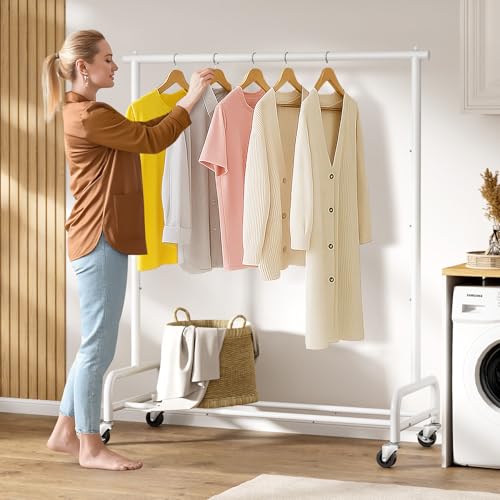 SLEEPING LAMB Heavy Duty Clothes Racks for Hanging Clothing Rack, 43" Wide Rolling Garment Rack Metal Wardrobe Rack with Wheels Closet Hanger Rack for Coats, Shirts, Dress, (White) - color: White, style: Single Rod