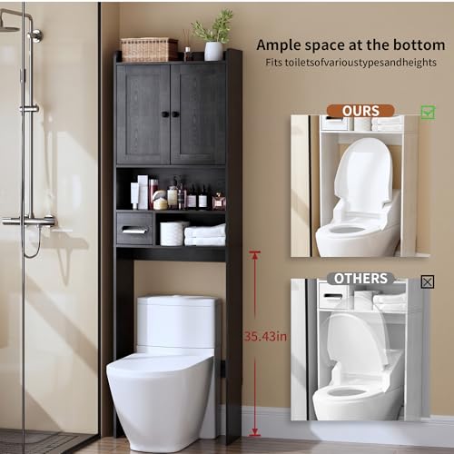Over the Toilet Storage Cabinet,Tall Slim Bathroom Organizer with Doors, Adjustable Shelves & Built-in Toilet Paper Holder, Space-Saving Above Toilet Cabinet for Small Bathrooms(Black) - color: Black