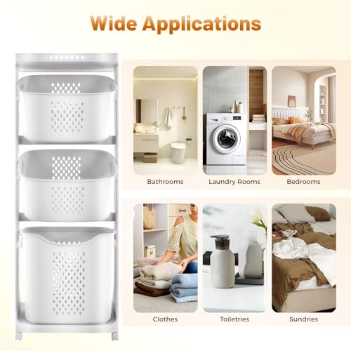 Rolling Laundry Hamper Storage Sorter, 3 Tier Rolling Laundry Hamper Cart White Laundry Baskets with Wheels for Kitchens Bathrooms Bedrooms Classrooms Laundry Rooms