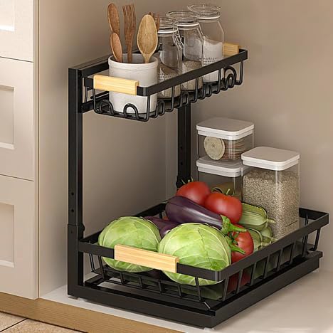 2-Tier Multi-Purpose Bathroom Under Sink Organizers and Storage, Black Adjustable Rack with Wooden Handles for Stackable Kitchen Pantry Organization