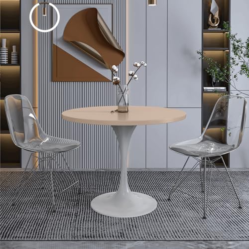 LeisureMod Verve Mid-Century Modern 36 Inch Round Dining Table, MDF Wood Tabletop with White Steel Pedestal Base, Contemporary Kitchen & Dining Room Table, for Small Spaces (Light Natural) - color: Light Natural Wood, size: 36 inch Wide