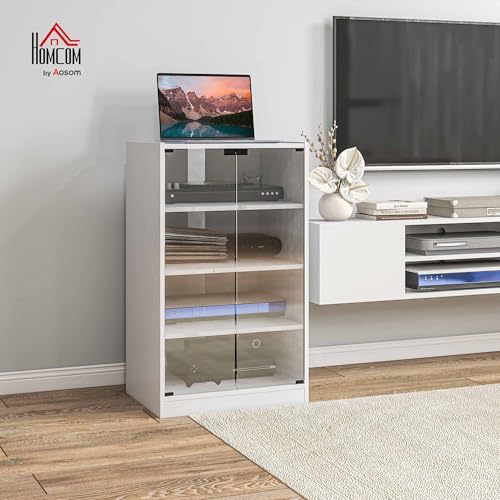 HOMCOM Media Cabinet 4-Tier Stereo Cabinet with Glass Door Distressed White | Vinyl Record Player, AV Record Player Stand, Adjustable Shelves, Push-to-Open Glass Doors, Cable Management - color: Distressed White