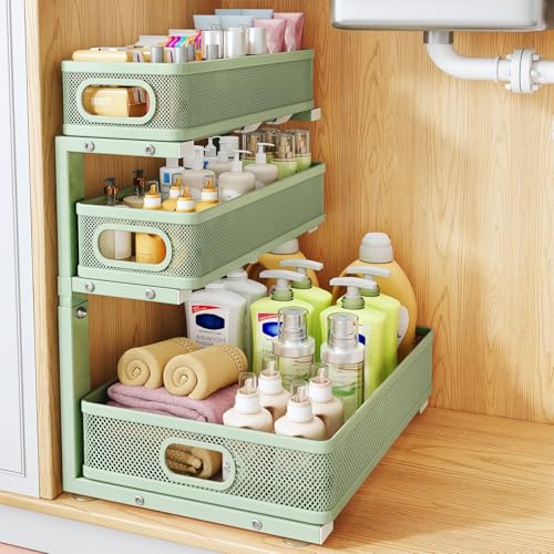 Under Sink Organizer, 3-Tier Thickened Metal Pull out Cabinet Organizer Shelf, Height Adjustable Slide out Storage Drawer Rack for Kitchen Bathroom Pantry Laundry Home Organization, 1-Pack, Green | 35% Extra Storage Capacity, Carbon Steel, Hold Up 55lbs,