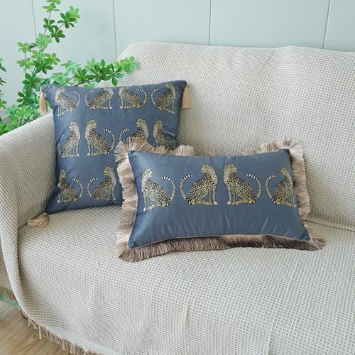 Lumbar Decorative Throw Pillow Cover with Tassels Leopard Pattern Cushion Cover Luxury Style Soft Velvet Pillowcase for Sofa Couch Bedroom (12"x20",Grey) - color: Grey, size: 20" x 12" (Pack of 1)