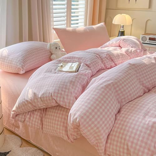 Nayoroom Gingham Duvet Cover Set Twin Pink White Plaid Checkered Bedding | Coquette Modern Farmhouse, Dorm Bedding, Soft Breathable Washed Microfiber, All-Season Comfort, Hidden Zipper, 4 Corner Ties - color: Pink Gingham, size: Twin