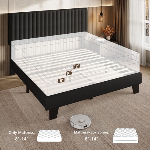 Einhomn Queen Size Bed Frame with Headboard, Upholstered Linen Platform Bedframe with Solid Wooden Slats, Noise-Free, No Box Spring Needed, Easy Assembly, Black - color: Black, size: Queen