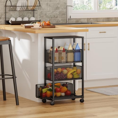 4 Tier Narrow Kitchen Rolling Cart, 9.1" Wide Slim Kitchen Storage Cart with Pull-Out Baskets, Adjust Pantry Organizer and Storage Cart with Wheels, Multifunctional Fruit Vegetable Spice Storage Cart - size: Small 4 Tier Black