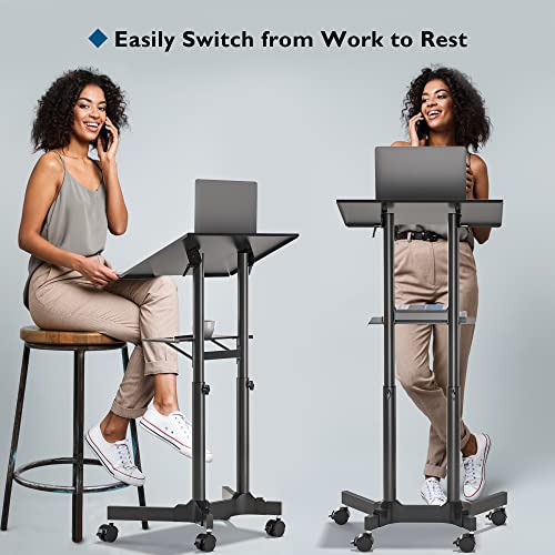 BONTEC Lecterns & Podiums Portable Mobile Standing Laptop Desk, Sit Stand | Height Adjustable, Home Office Classroom Pulpit Stand Up Desk Workstation, Rolling Table Laptop Cart with Storage Tray - color: Black