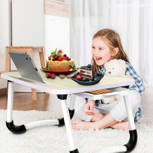 Fayquaze Portable Foldable Laptop Bed Desk with Storage Drawer and Cup Holder - Lap Desk Laptop Stand Tray Table for Eating, Reading and Working - color: Maple