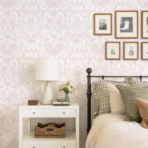 Ismoon Peel and Stick Wallpaper Pink Contact Paper 17.3in x 32.8ft Vintage Floral Wallpaper Boho Damask Removable Textured Wall Paper for Bedroom Bathroom Shelf Cabinet Décor - color: Pink and White, size: 17.3" x 393"