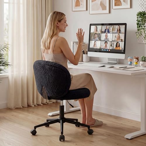 Homkdom Round Vanity Chair with Silent Wheels, 17.32" Wide Seat | Height Adjustable, 360 Swivel & Smooth Rolling, Armless Design for Makeup and Study - Black - color: Black