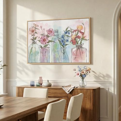 Framed Colorful Floral Wall Art, Modern Botanical in Vase Canvas Prints Painting, Pastel Watercolor Flower Wildflower Pictures for Living Room Bedroom Dining Room Bathroom Room Wall Decor, 24x36 Inch - color: Multi & Watercolor