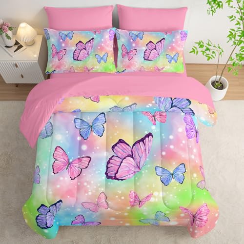 7Pcs Comforter Set Rainbow Butterfly Printed Bedding Set with 1 Comforter, 1 Flat Sheet, 1 Fitted Sheet and 4 Pillowcases for Boys and Girls Bedroom All Season(Queen) - color: Butterfly, size: Queen 90x90inches