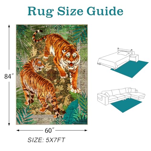 AooHHooA Tiger Area Rug 5x7, Tiger Rugs for Living Room Green | Large Modern Low Pile Animal Print Rug with Non-Slip Backing, Washable Lightweight Area Rug Carpet for Bedroom Home Decor - color: Tiger-1, size: 5' x 7' (Rectangular)