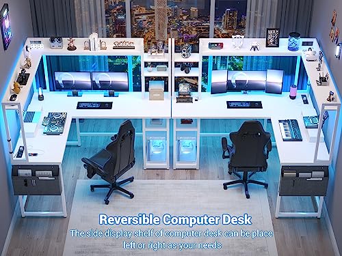 Aheaplus 57 Inch L Shaped Gaming Desk with Power Outlet & LED Lights, White | Reversible Corner Computer PC Desk with Hutch, Monitor Stand, Storage Shelf & Storage Bag for Home Office, Writing Desk - color: White