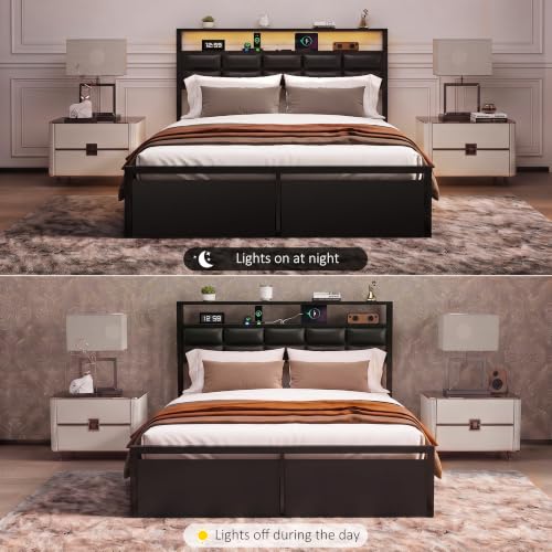 Full Bed Frame with 2 Storage Drawers, LED Lights & Charging Station, Upholstered Headboard with Shelves, Heavy Duty Metal Platform, No Box Spring Needed, Noise Free, Easy Assembly - size: Full