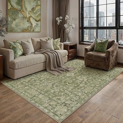 5x7 Green Neutral Area Rug | Washable, Non Slip, Low Pile, Soft, Vintage, Distressed, Floral, Farmhouse, for Living Room Bedroom Dining Room Office - color: Green, size: 5' x 7' (Rectangular)