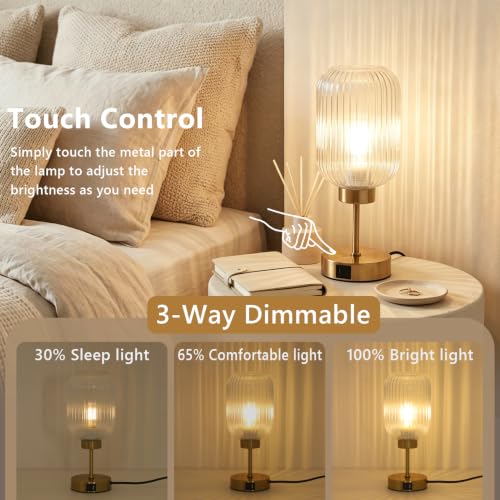 LAMSU Vintage Gold Touch Table Lamp, Small Desk Lamp with Clear Glass Shade, Bulb, Charging Port, Mid Century Modern Bedside Lamp, 3 Way Dimmable Nightstand Lamp for Bedroom Living Room Home Decor - color: Clear