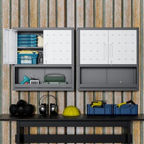 Garage Wall Cabinet,29.5" W Wall Mounted Garage Cabinets with Adjustable Shelf,Heavy Duty Lockable Metal Cabinet,Secure Hanging Tool Cabinet for Basement,Laundry Room,Workshop,Black/Grey - color: Black/Grey, size: 2 Doors & Open Storage