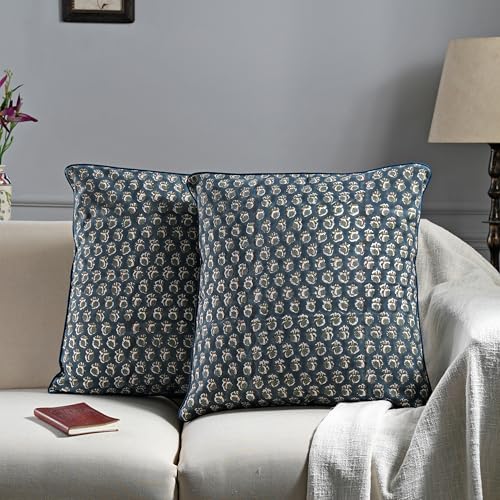 Block Print Peacock Blue Pillow Cover 16" x 16" (Pack of 2) Decorative Couch Pillows for Living Room, Farmhouse Chic Boho Cute Outdoor Pillows Covers Gifts for Spring, Mother's Day - color: Peacock Blue, size: 16" x 16" (Pack of 2)