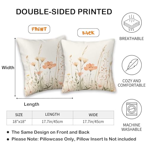 Throw Pillow Covers 18x18 Set of 2 | Vintage Wildflower Decorative Cushion Covers for Couch Sofa | Boho Neutral Botanical Pillow Cases for Living Room Bedroom | Classic Home Decor Accent - color: Vintage Wildflower