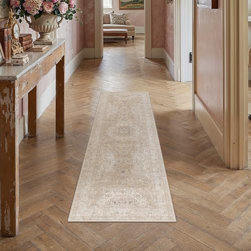 Hallway 2x6 Runner Rugs Washable Rugs | Living Room Rug,Vintage Rug,Bedroom,Dining Room,Office,Farmhouse,Non-Shedding,Non Slip,Low Pile,Soft - color: Beige Ⅱ, size: 2' x 6' (Runner)