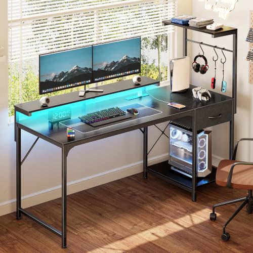 55.1 Inch Gaming Desk with LED Lights & Power Outlets | Computer Desk with Drawer & Storage Shelves, Office Writing Desk with Monitor Stand for Work from Home, Black - color: Black, size: 55.1 Inch