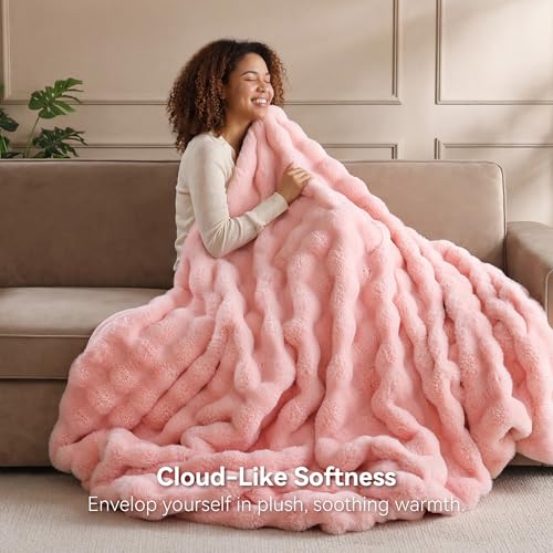 Faux Rabbit Fur Throw for Couch - Blush Pink Bubble Blanket 50"x60" | Fluffy Plush Fuzzy Throw for Sofa & Bed, Super Soft Cozy Comfrt Blanket, Luxury Aesthetic Pink Decor Gift for Women - color: Pink, size: Throw(50" x 60")