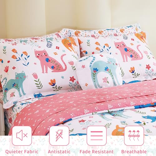 Kids Full Comforter Sets for Girls 8 Pieces Cute Cat Flower Bedding Set for Teens Microfiber Floral Kids Bed in A Bag with Comforter, Sheet Set, Shams and Decorative Toy Pillow All Season - color: Floral Cat, size: Full