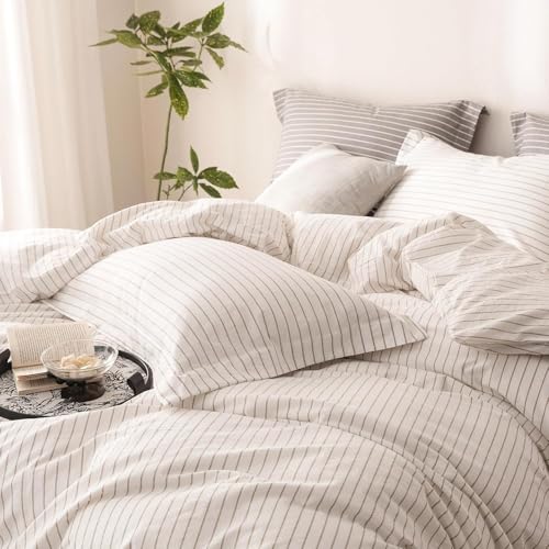 3Pcs Off White & Linen Grey Striped Cal King Duvet Cover Set | Linen Feel Striped,1 Duvet Cover & 2 Pillow Shams,Hidden Zipper,Soft Breathable,Lightweight,8 Corner Ties - color: Off White Linen Grey Stripe-no Comforter, size: California King (104" x 98")