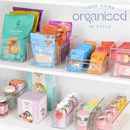Plastic Food Storage 4 Pack Clear Container Bin with Handles for Organizing Kitchen, Pantry, Refrigerator, Freezer, Pantry, Cabinet, Closet, Bathroom. Stackable 10”x8”x3” - size: 10x8x3