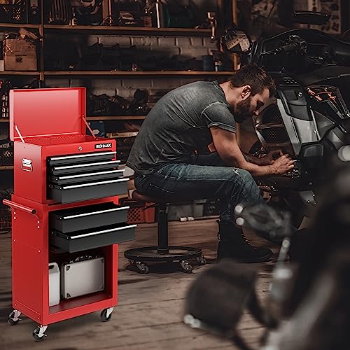 Goplus Tool Chest, 6 Drawers Rolling Tool Cabinet with Detachable Top Toolbox, Universal Lockable Wheels, Protective Liner, Auto Lock, Metal Tool Storage Cart, Tool Box for Garage Workshop - color: Red + Black, style: 6-Drawers