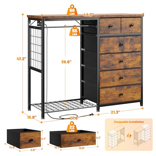EnHomee 125cm W 드레서, 걸이용 랙 및 서랍 6개, 그리드 패널 및 후크 4개 포함 | LED 조명 및 충전 스테이션, 침실용 나무 상단 정리 유닛, 스틸 프레임이 있는 서랍장, 브라운 - color: 러스틱 브라운.