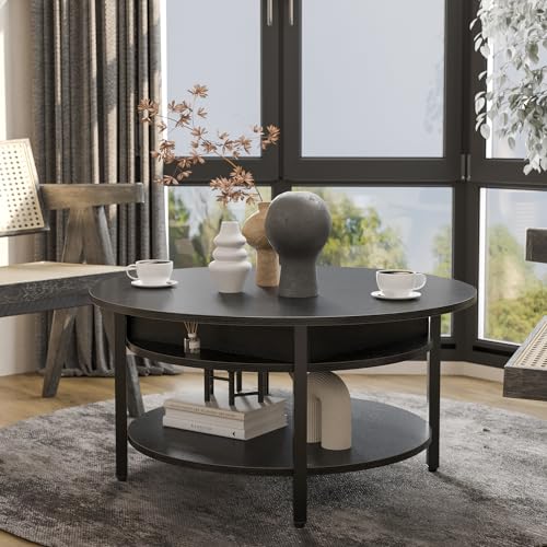 FABATO 26.77” Round Lift Top Coffee Table with Storage, Black | Farmhouse Coffee Table, 2 Tier Small Round Center Table, Center Table for Living Room, Circle Dining Table - color: Black