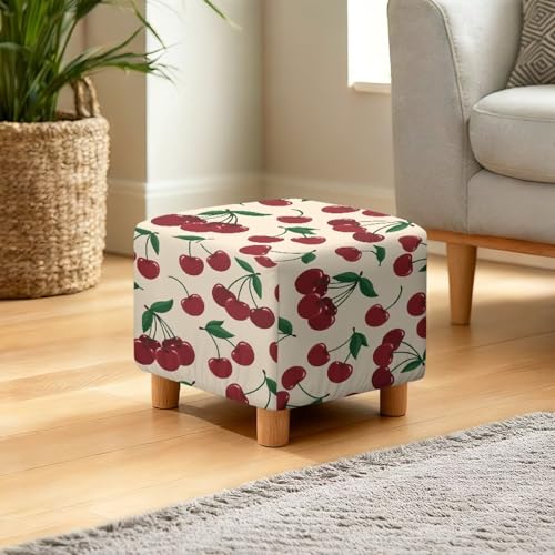 Cute Cherry Print Stretch Square Ottoman Cover Nonslip Elastic Band Bottom Footrest Stool Cover Protector for Square Ottoman 13x13x15 Inch - color: Cute Cherry