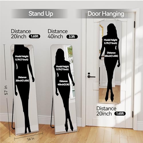57x16" Full Length Mirror Floor Stand,Over the Door,Wall Mounted Silver | HD Crystal Clear Tempered Glass,Aluminum Frame,Full Body Dressing Make-Up Mirrors Rect Hang for Bedroom,Bathroom,Living Room - color: Silver, size: 57"L x 16"W