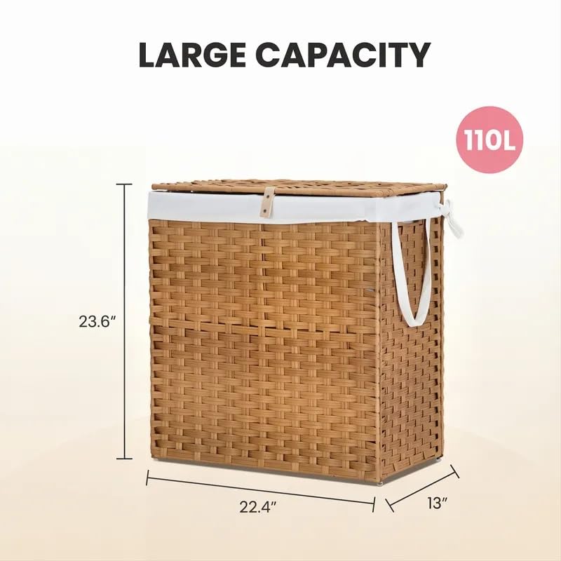 Laundry Hamper with Lid, 110L Foldable Laundry Basket with Removable Liner Bags, Handwoven Synthetic Rattan Clothes Hamper for Bathroom, Bedroom, Laundry Room, Yellow - color: Yellow-110L