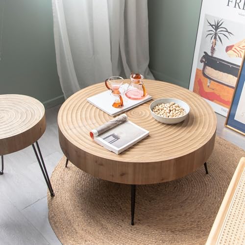 COZAYH 2-Piece Round Nesting Coffee Table Set, Natural Wood Top with Black Metal Legs, Ring Pattern – Rustic Farmhouse Accent for Living Room or Bedroom – Space-Saving Modern Furniture - color: Ring Pattern