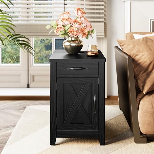 IRONCK End Table with Charging Station, Narrow Side Table, Black | Bedside table. Farmhouse nightstand with drawer, cabinet, flip-top, and cup holder, wood grain, for home - color: Black