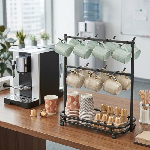 Coffee Mug Holder for Countertop, 14 Hooks Metal Coffee Cup Holder Rack | Mug Tree Stand with Storage Base for K Cup Coffee Pod Paper Cups Tea Bag, 2 Tier, Black - color: 2-Tier