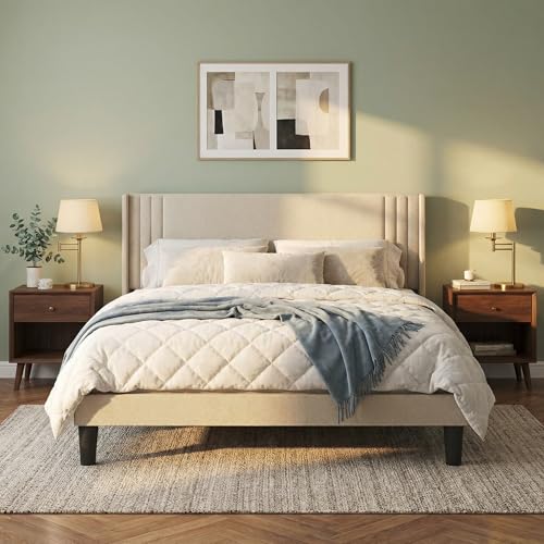Gizoon Full Bed Frame with Wingback Headboard, Upholstered Platform Bed | Bed Frame with Padded Headboard,Wooden Slats, Noise-Free, No Box Spring Needed, Easy Assembly,Beige - color: Beige, size: Full
