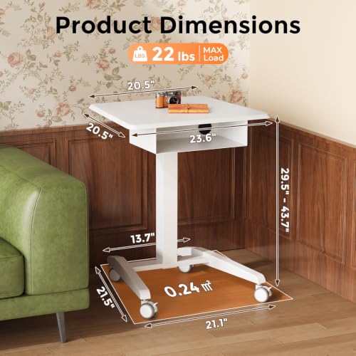 JOY worker Mobile Standing Desk with Drawer, 23.6" Small White Laptop Desk | Pneumatic Height Adjustable, Open Storage Shelf, 4 Lockable Wheels, Portable Sit Stand Desk, Home Office Teacher, Holds 22lbs - color: White, size: 23.6 Inch
