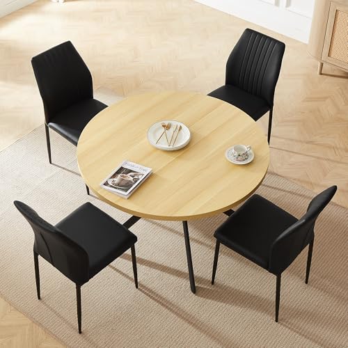 HIPIHOM 45.3 Inch Round Dining Table Set for 4, Mid Century Modern Coffee Set for Dining Room Kitchen Apartment (Cream Table + 4 Black Chairs) - color: Cream Table+4 Black Chairs