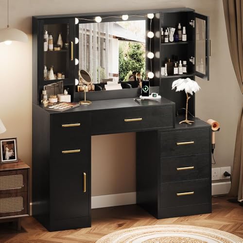 TOKSOM Makeup Vanity Desk with Mirror and Lights, 51" Makeup Vanity with Lights & Charging Station, Dressing Table Vanity Set for Bedroom, Vanity Table with 6 Drawers and 3 Cabinet Black - size: 51 inch, style: Modern Black