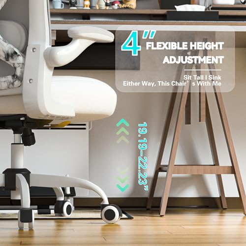 Ergonomic Home Office Chair, 4-Way Lumbar, Thick Cushion, 330LBS | Adjustable Lumbar (up/down/in/out), Rocking Mesh Back, Flip-up Arms, Easy Assembly, Ideal for home offices & small workspaces - color: White+marble