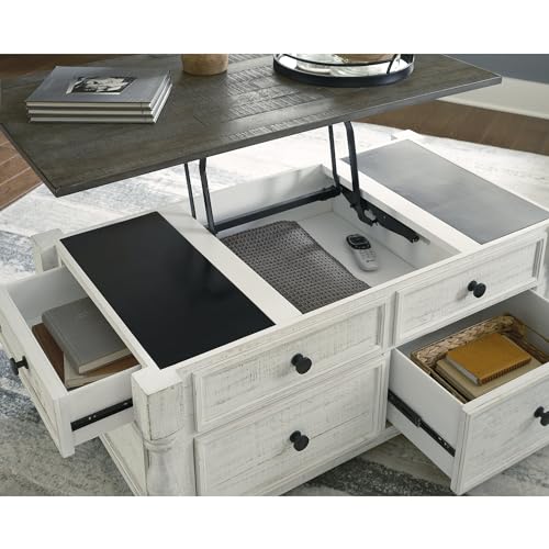 Signature Design by Ashley Havalance Lift-Top Coffee Table with Storage | Pine wood, Pine veneer and engineered wood, Two-tone distressed finish, 4 storage drawers, Casters, White and gray