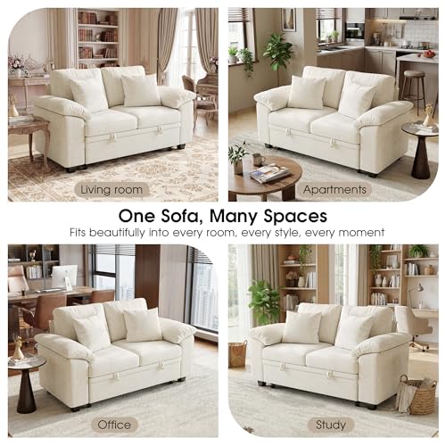 61” Pull Out Couch, 2 in 1 Sleeper Sofa Bed with Throw Pillow, Convertible Small Loveseat Sleeper Couch for Living Room, Bedroom, Apartment (Beige) - color: Beige, size: 2 Seat Sleeper