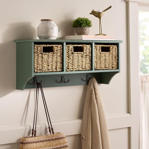 SAFAVIEH Home Collection - Finley Dusty Green Wall Mounted 3-Basket Storage Rack with Hooks & Seagrass Baskets (HAC5700G) - color: Dusty Green