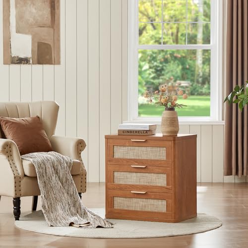 LEYAOYAO Rattan 23" Nightstands with Drawers for Bedroom | Gold Metal Handle, Storage Shelf, Brown Night Stand, Boho Bedside Table, Bed Side End Tables Living Room, Hallway - color: Tea Brown, size: 3 Drawers