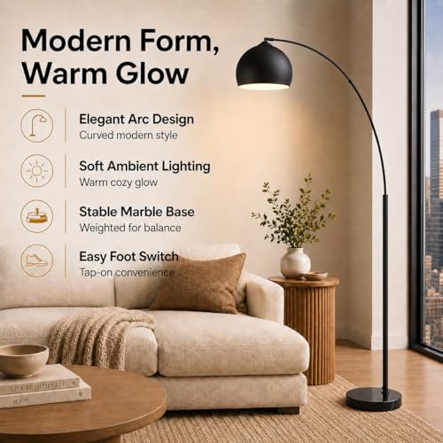 Teamson Home Arquer 66.93" Arc Floor Lamp for Living Rooms, Home Offices, Dining Rooms, Bedrooms with Faux Black Marble Base and Black Bell Shade - color: Black